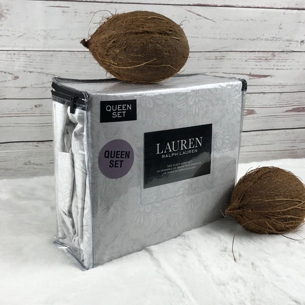 Lauren RALPH LAUREN (White/Pale Gray Floral) 100% Cotton QUEEN Sheet Set - Picture 4 of 5